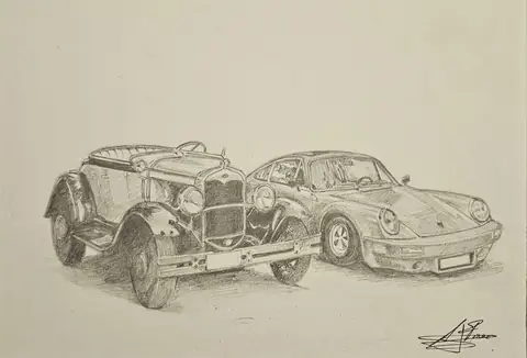 Dibujo a lápiz: Ford Model A y Porsche 911
