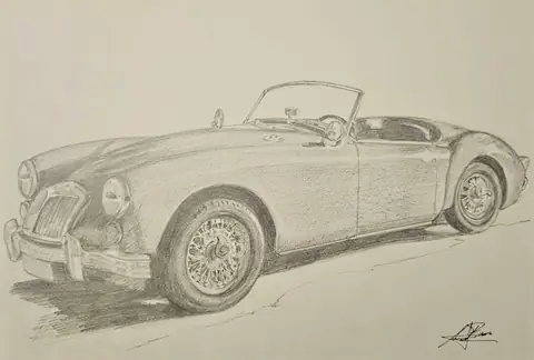 Dibujo a lápiz: MG A en carretera