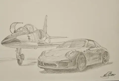 Dibujo a lápiz: Porsche 911 Targa y L-39 Albatros