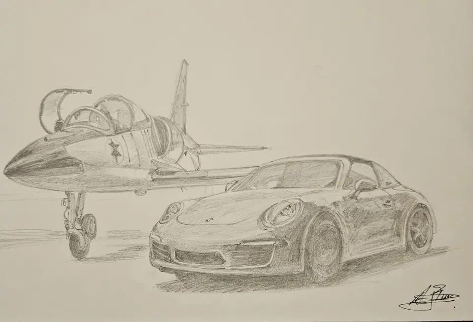 Dibujo a lápiz: Porsche 911 Targa y L-39 Albatros