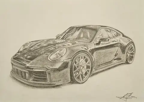 Dibujo a lápiz: Porsche 911 (992) en negro