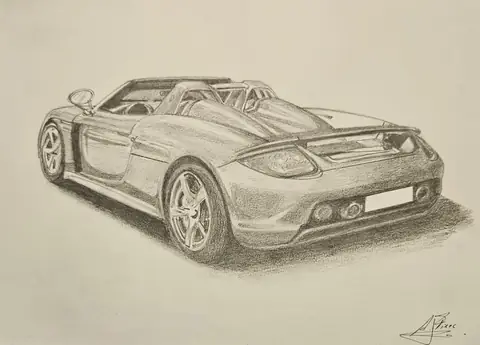 Dibujo a lápiz: Porsche Carrera GT desde atrás